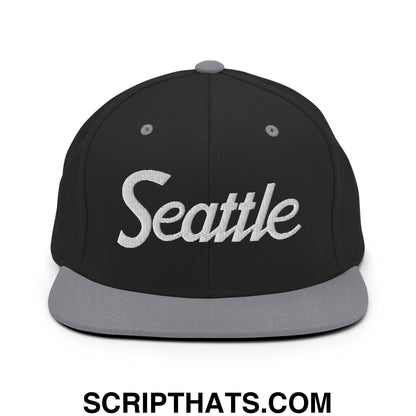 Seattle Script Snapback Hat Black Silver
