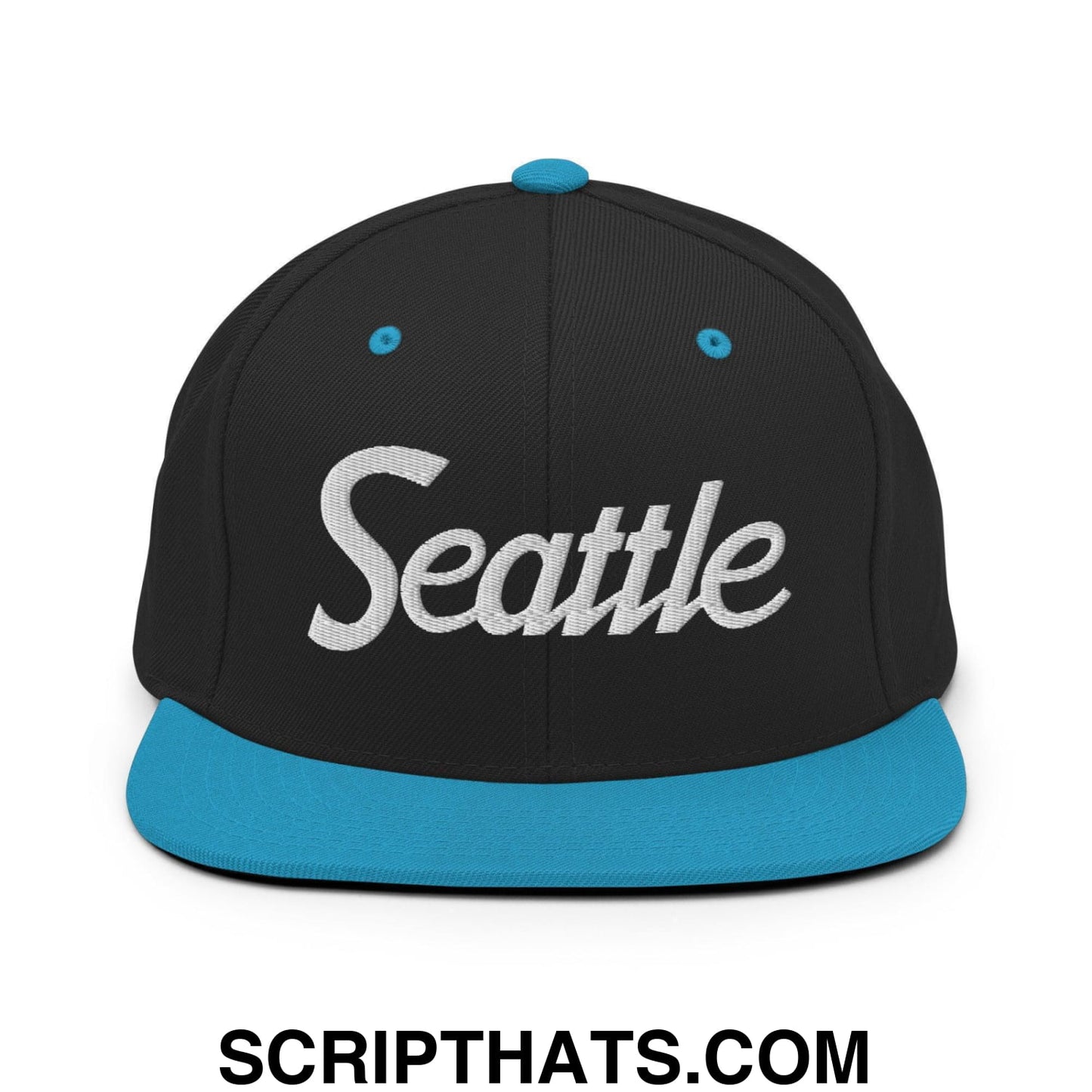 Seattle Script Snapback Hat Black Teal