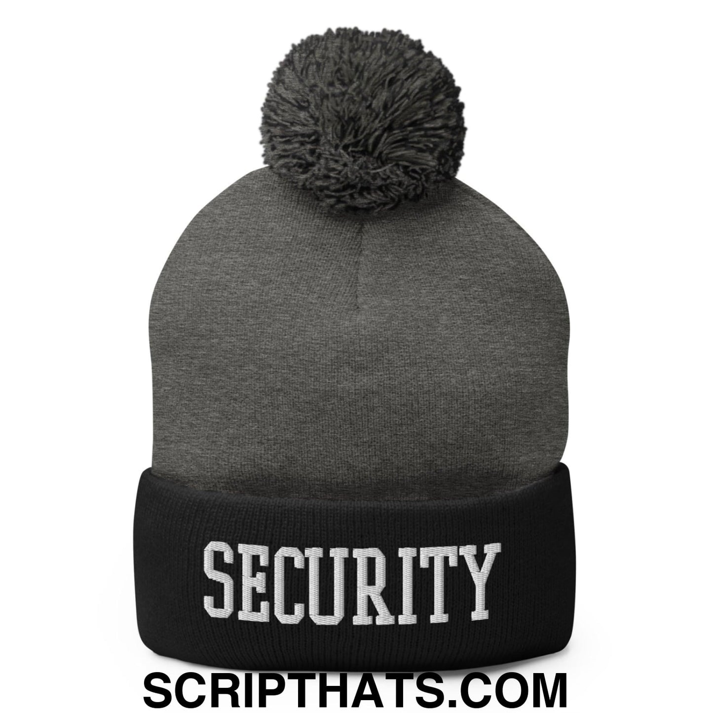 Security Uniform Work Block Embroidered Knit Pom Pom Beanie Dark Heather Grey Black