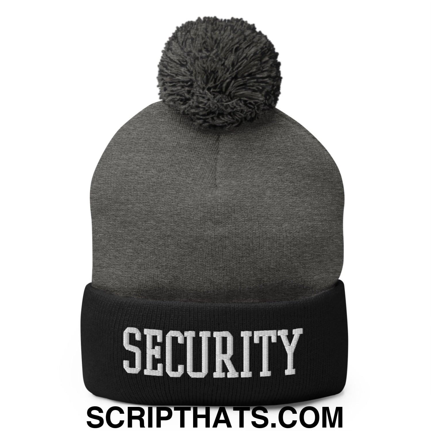 Security Uniform Work Block Embroidered Knit Pom Pom Beanie Dark Heather Grey Black