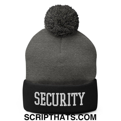 Security Uniform Work Block Embroidered Knit Pom Pom Beanie Dark Heather Grey Black