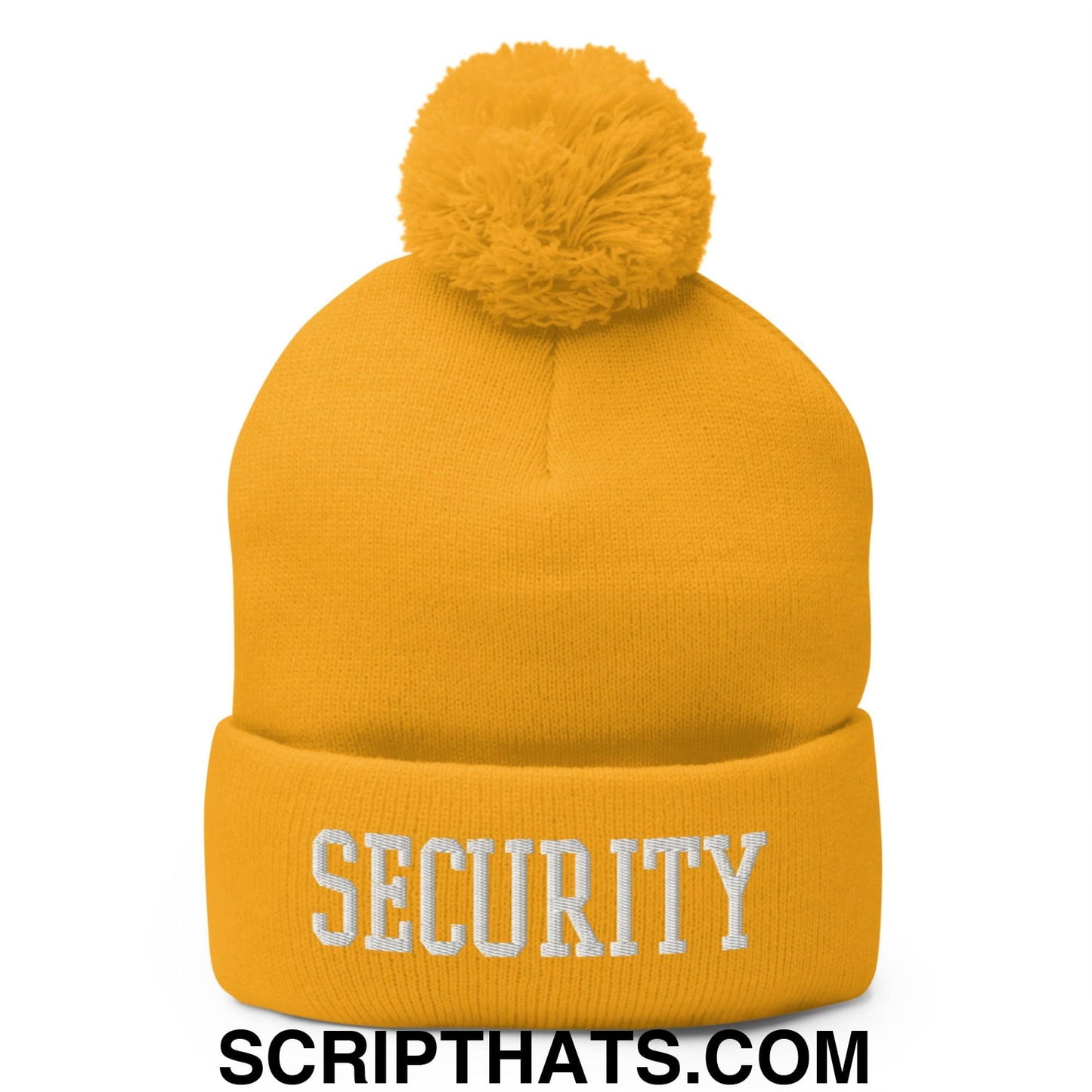 Security Uniform Work Block Embroidered Knit Pom Pom Beanie Gold