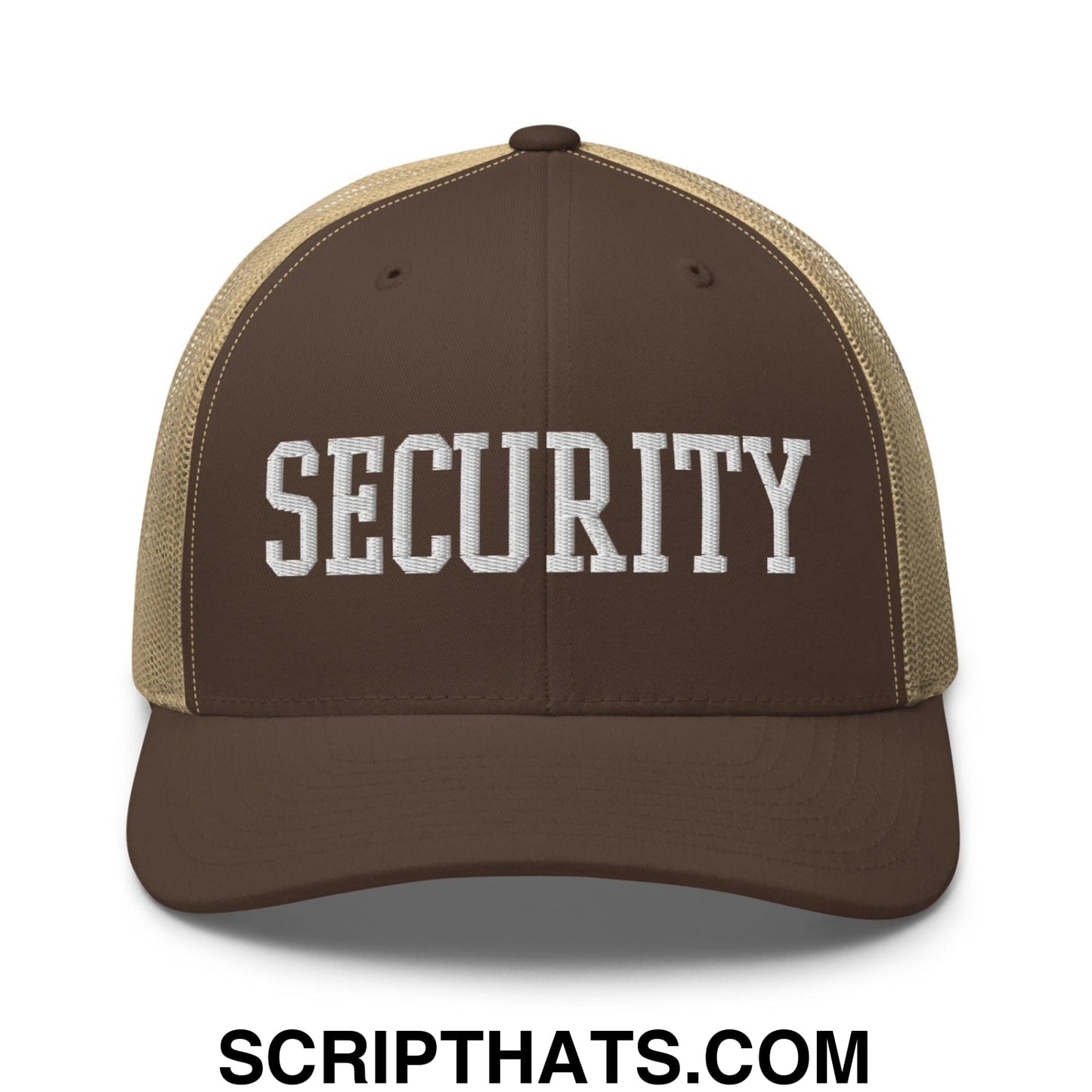 Security Uniform Work Block Embroidered Mesh Trucker Hat Brown Khaki