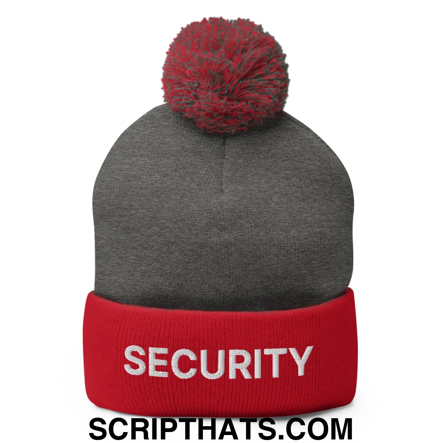 Security Uniform Work Embroidered Knit Pom Pom Beanie Dark Heather Grey Red