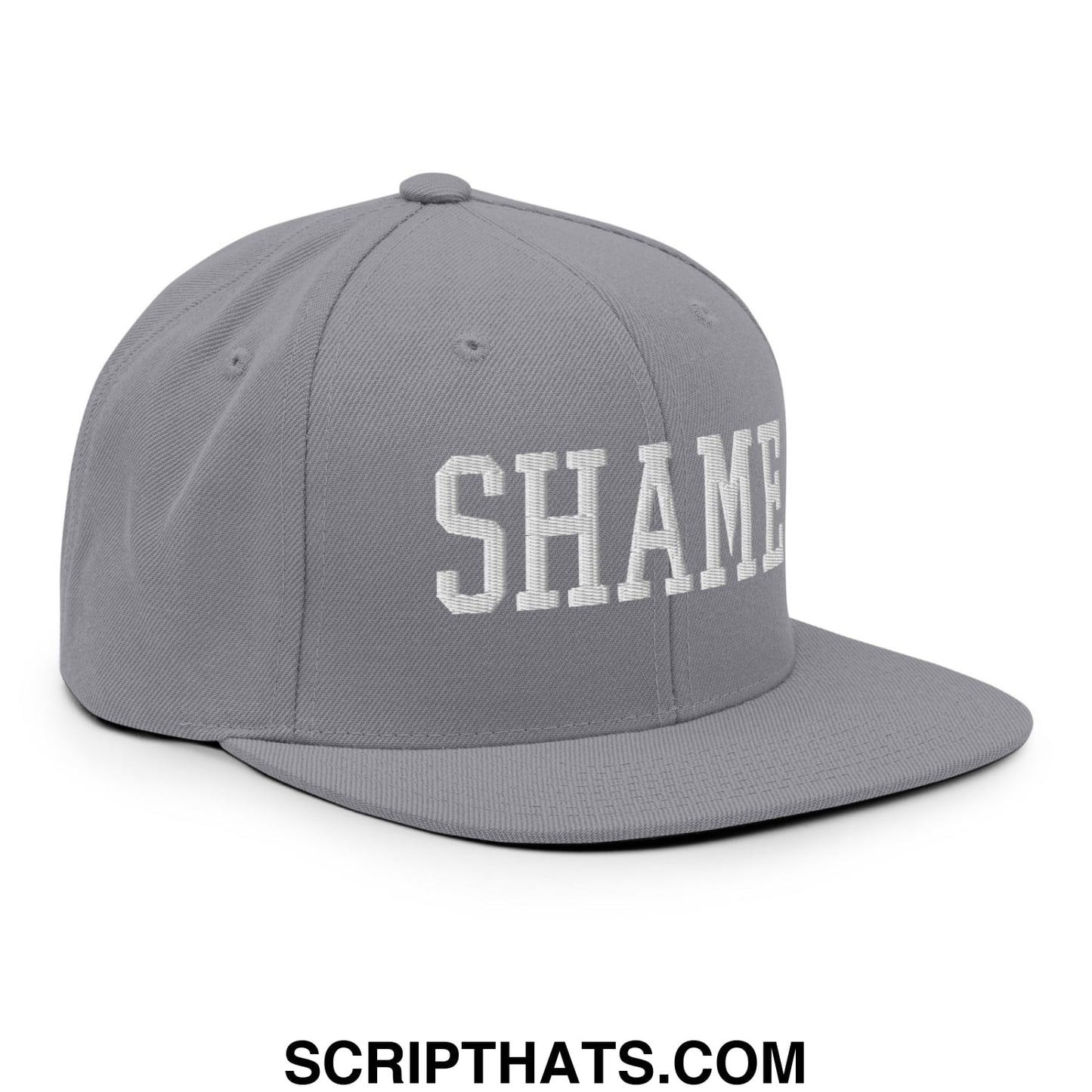 Shame Embroidered Flat Bill Brim Snapback Hat Silver
