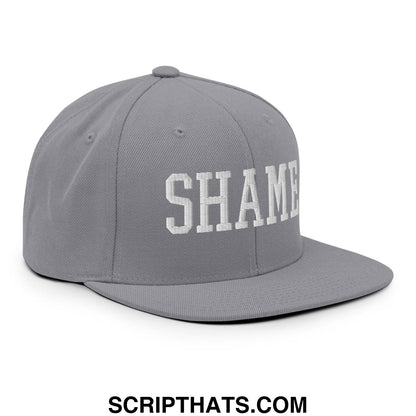 Shame Embroidered Flat Bill Brim Snapback Hat Silver