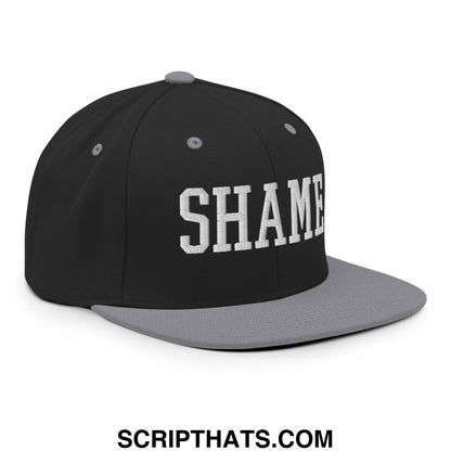 Shame Embroidered Flat Bill Brim Snapback Hat Black Silver