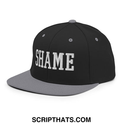Shame Embroidered Flat Bill Brim Snapback Hat Black Silver