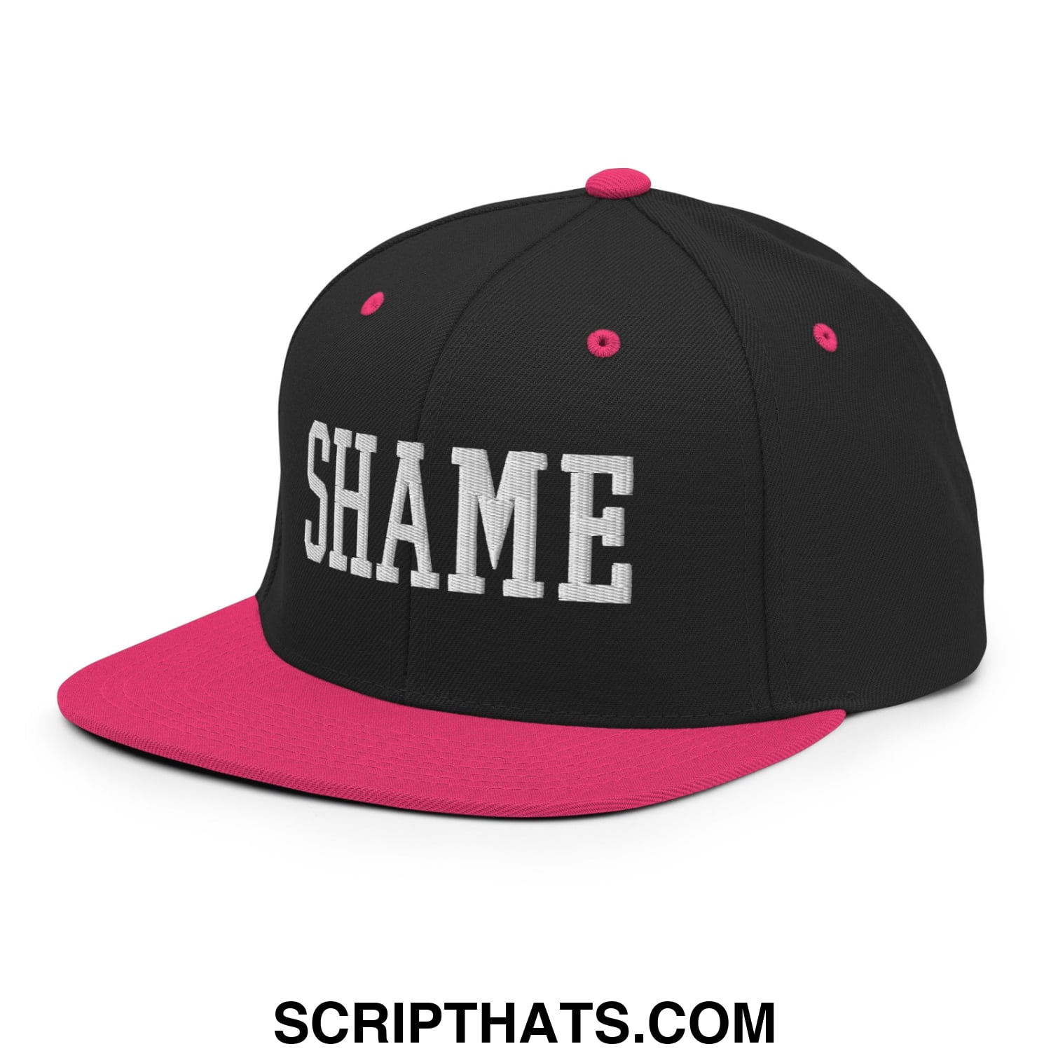 Shame Embroidered Flat Bill Brim Snapback Hat Black Neon Pink