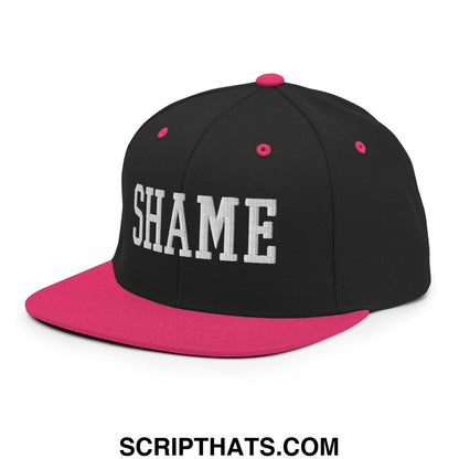 Shame Embroidered Flat Bill Brim Snapback Hat Black Neon Pink