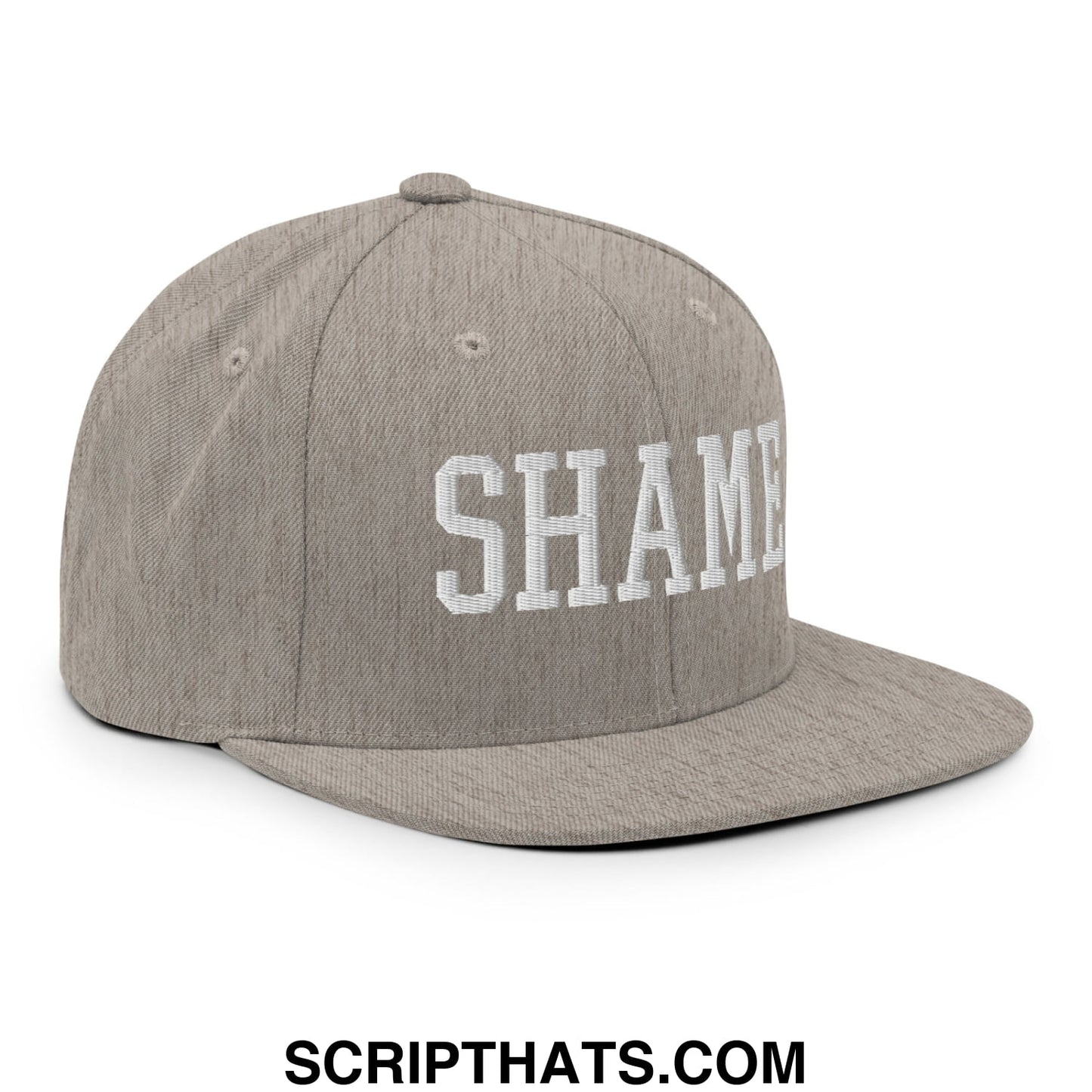 Shame Embroidered Flat Bill Brim Snapback Hat Heather Grey