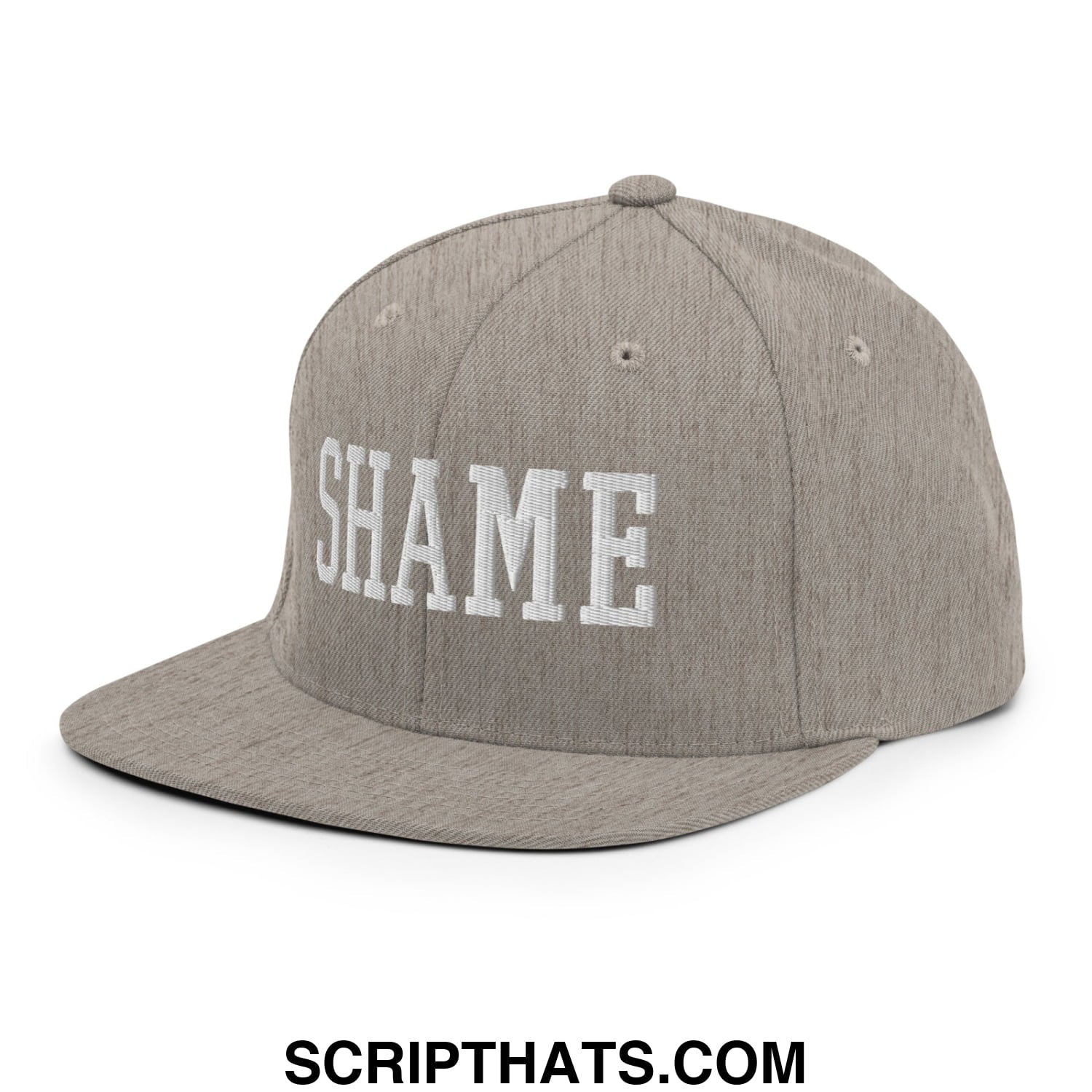 Shame Embroidered Flat Bill Brim Snapback Hat Heather Grey