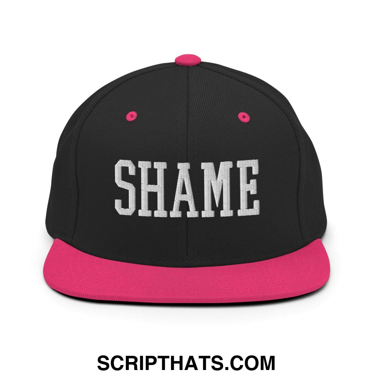 Shame Embroidered Flat Bill Brim Snapback Hat Black Neon Pink
