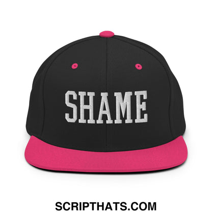 Shame Embroidered Flat Bill Brim Snapback Hat Black Neon Pink