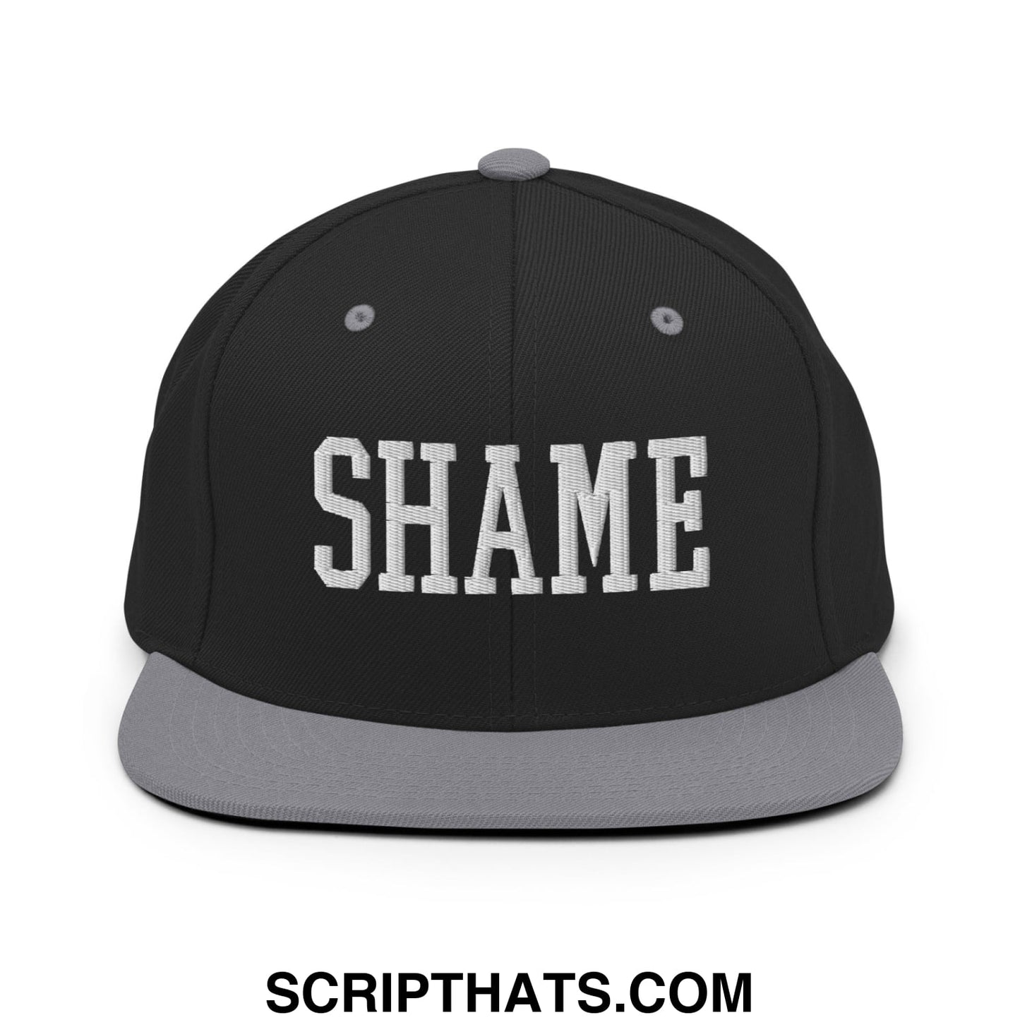 Shame Embroidered Flat Bill Brim Snapback Hat Black Silver