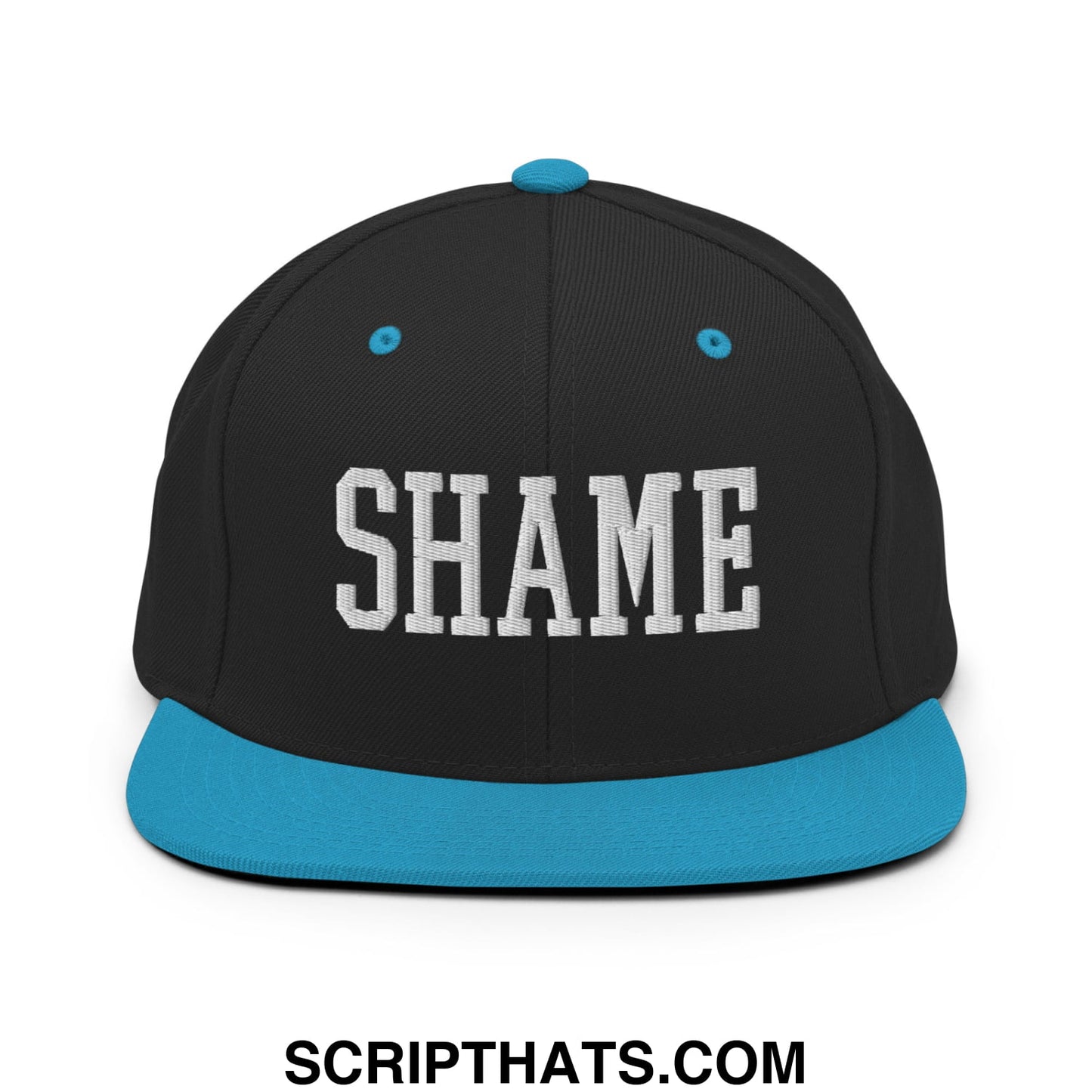 Shame Embroidered Flat Bill Brim Snapback Hat Black Teal