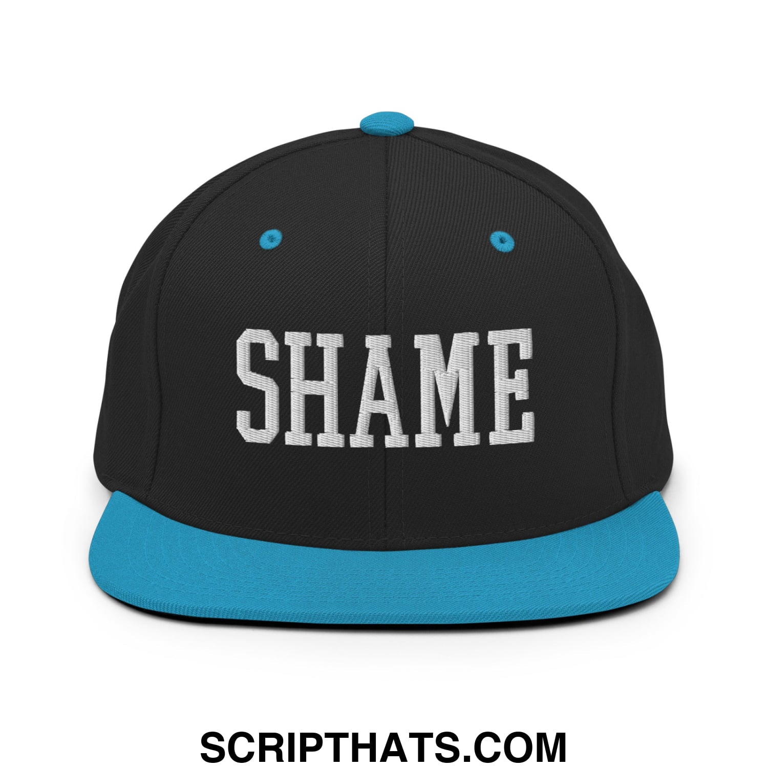 Shame Embroidered Flat Bill Brim Snapback Hat Black Teal
