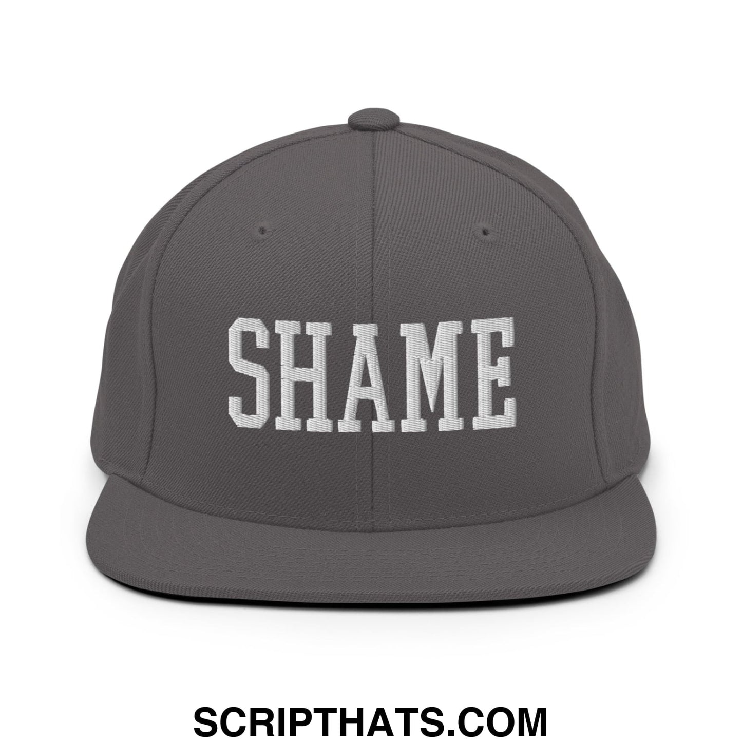 Shame Embroidered Flat Bill Brim Snapback Hat Dark Grey