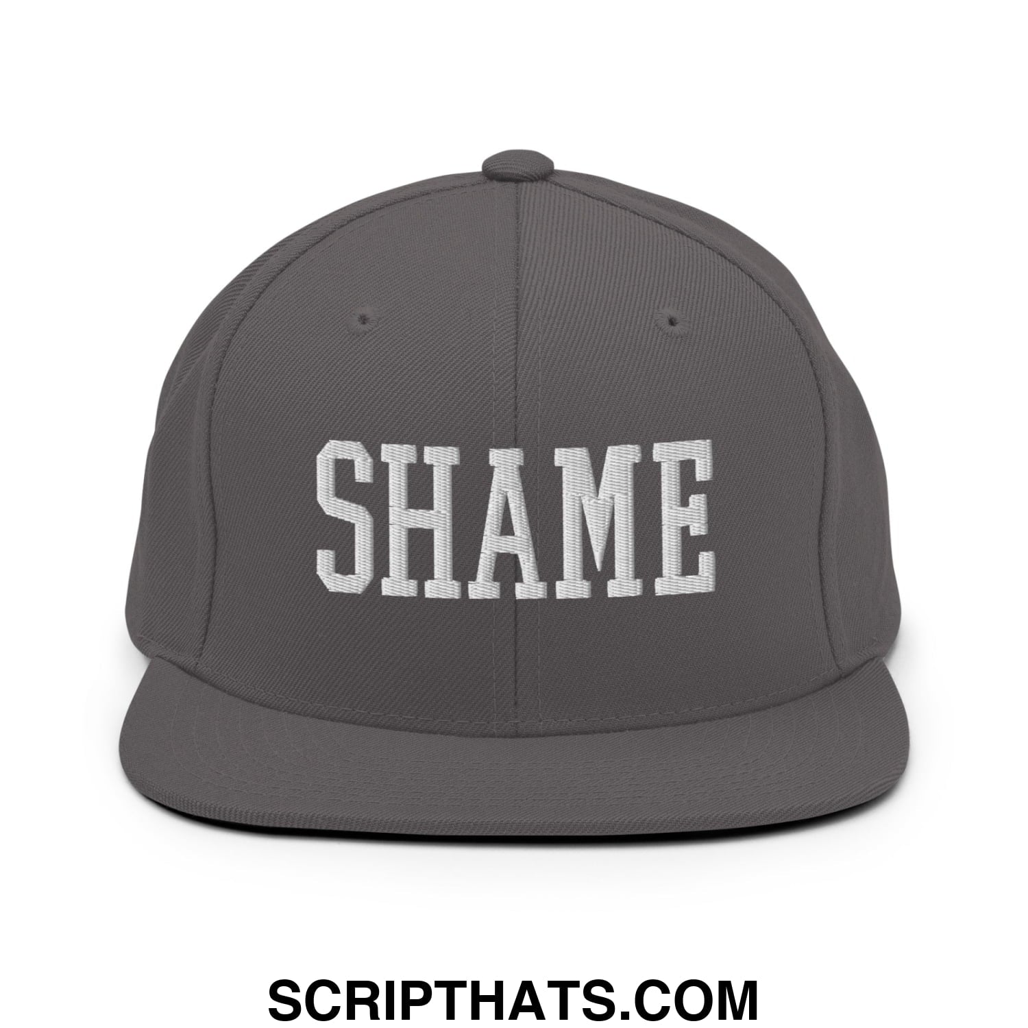 Shame Embroidered Flat Bill Brim Snapback Hat Dark Grey