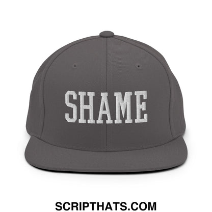 Shame Embroidered Flat Bill Brim Snapback Hat Dark Grey