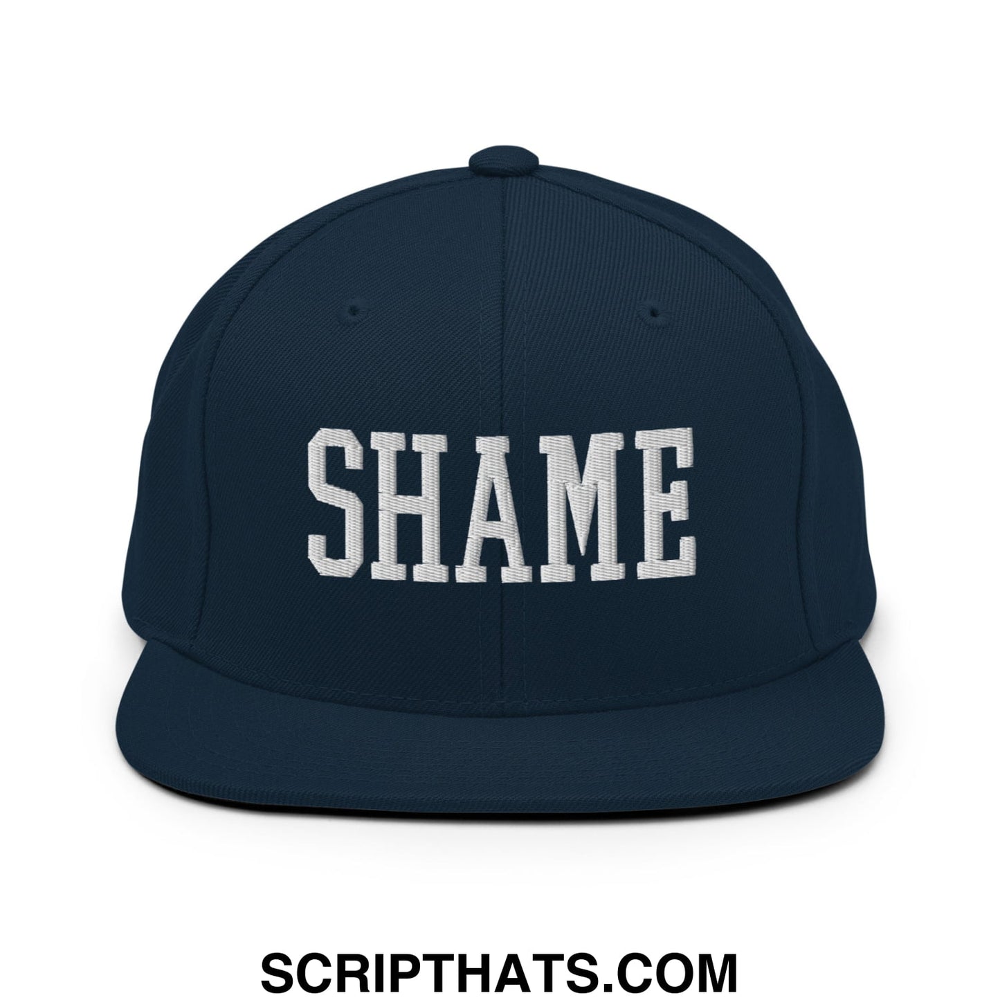 Shame Embroidered Flat Bill Brim Snapback Hat Dark Navy