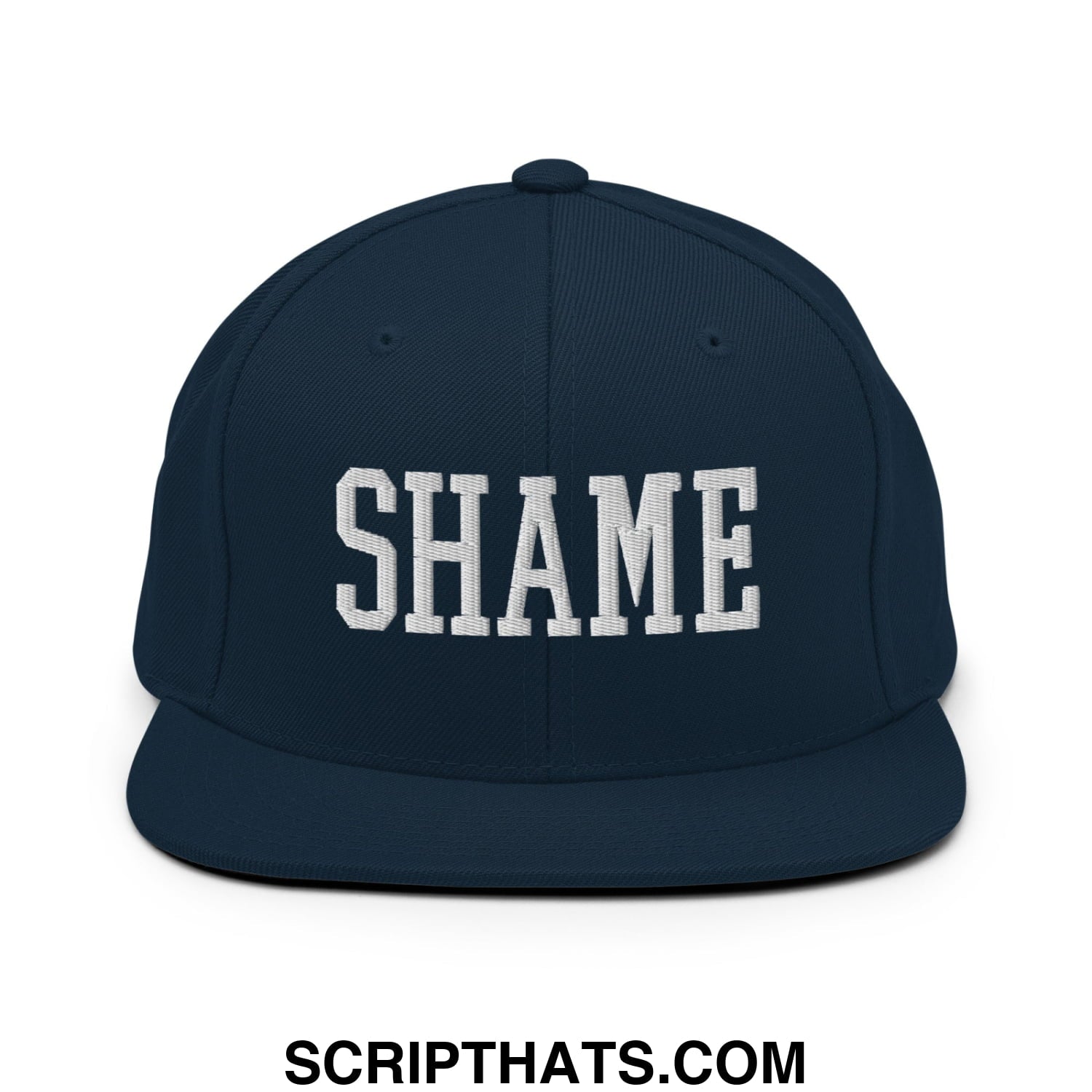 Shame Embroidered Flat Bill Brim Snapback Hat Dark Navy
