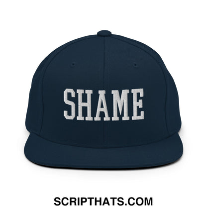 Shame Embroidered Flat Bill Brim Snapback Hat Dark Navy