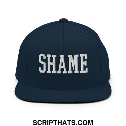 Shame Embroidered Flat Bill Brim Snapback Hat Dark Navy