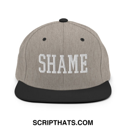 Shame Embroidered Flat Bill Brim Snapback Hat Heather Black