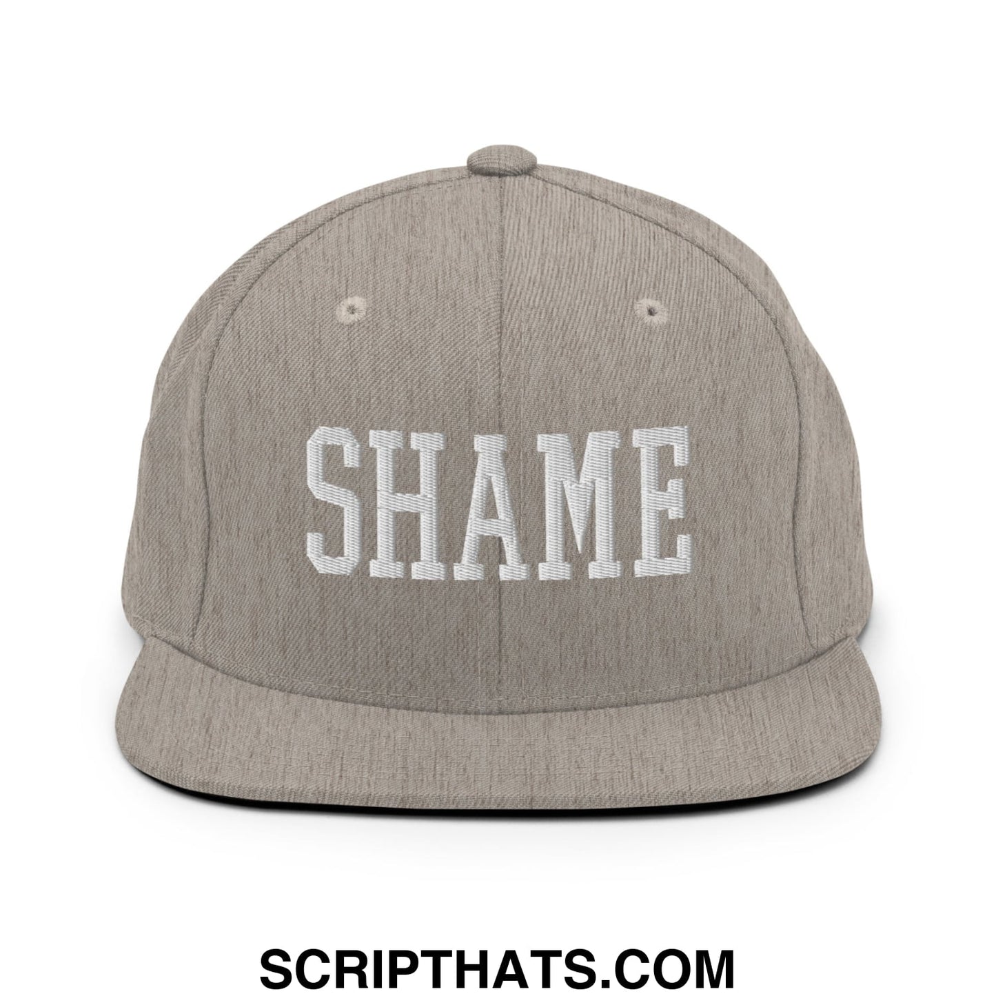 Shame Embroidered Flat Bill Brim Snapback Hat Heather Grey