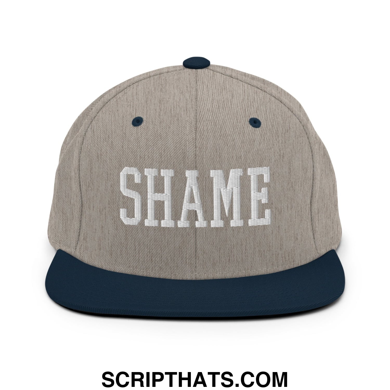 Shame Embroidered Flat Bill Brim Snapback Hat Heather Grey Navy