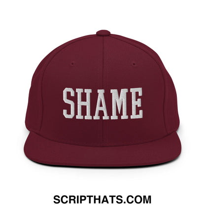 Shame Embroidered Flat Bill Brim Snapback Hat Maroon