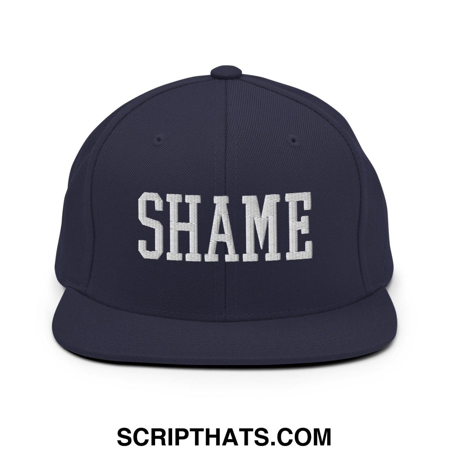 Shame Embroidered Flat Bill Brim Snapback Hat Navy