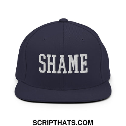 Shame Embroidered Flat Bill Brim Snapback Hat Navy