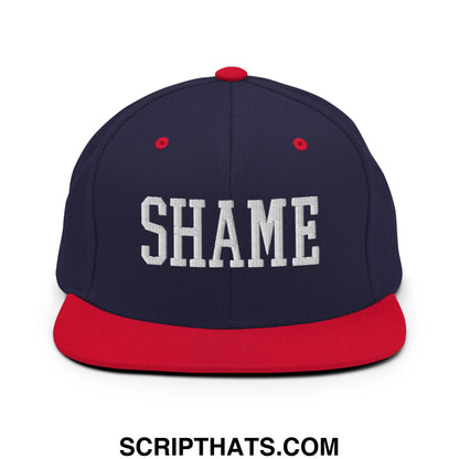 Shame Embroidered Flat Bill Brim Snapback Hat Navy Red