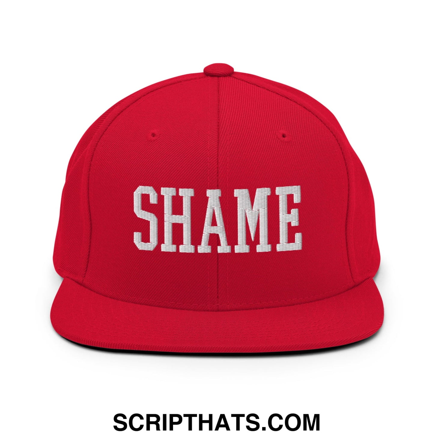 Shame Embroidered Flat Bill Brim Snapback Hat Red