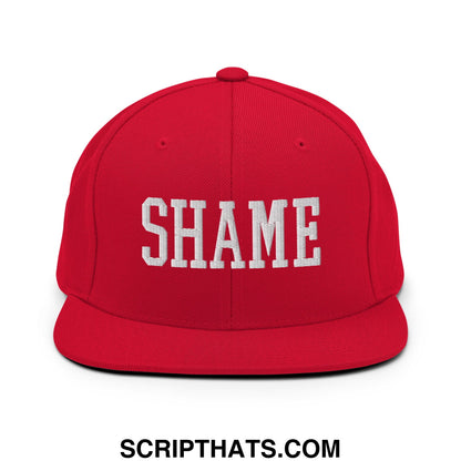 Shame Embroidered Flat Bill Brim Snapback Hat Red