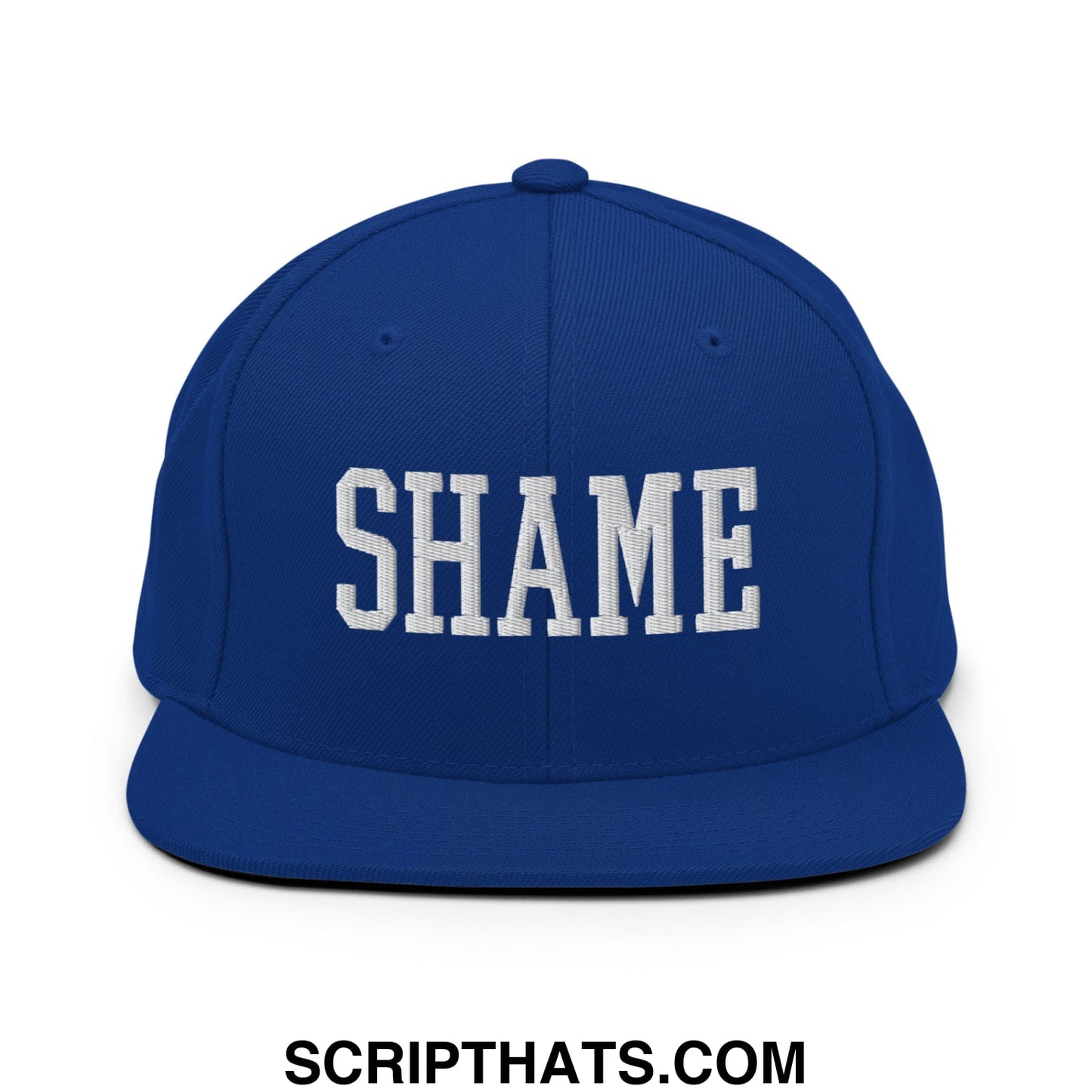 Shame Embroidered Flat Bill Brim Snapback Hat Royal Blue
