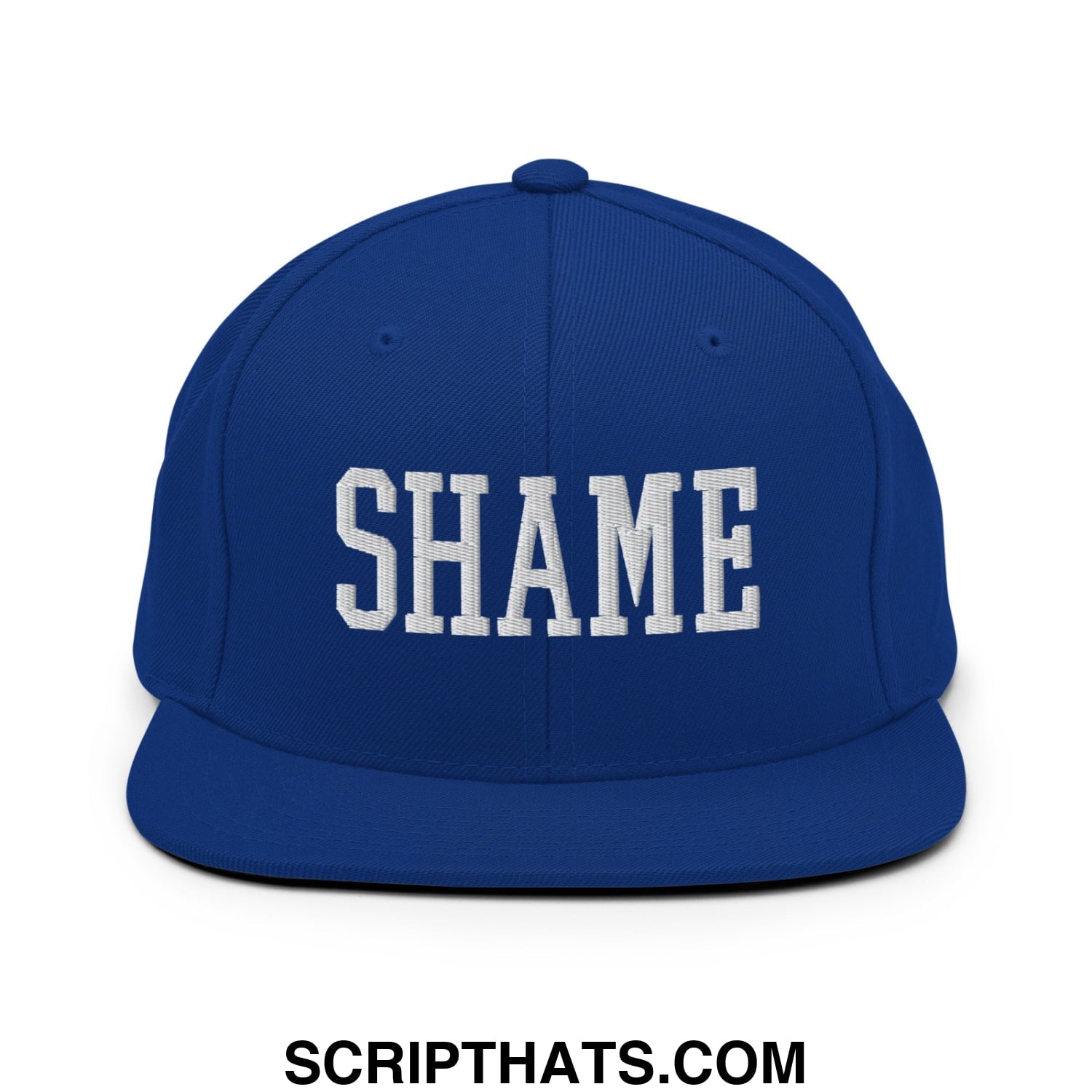 Shame Embroidered Flat Bill Brim Snapback Hat Royal Blue