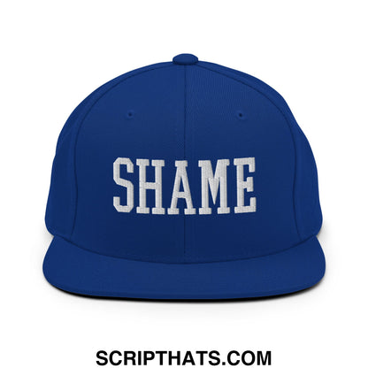Shame Embroidered Flat Bill Brim Snapback Hat Royal Blue