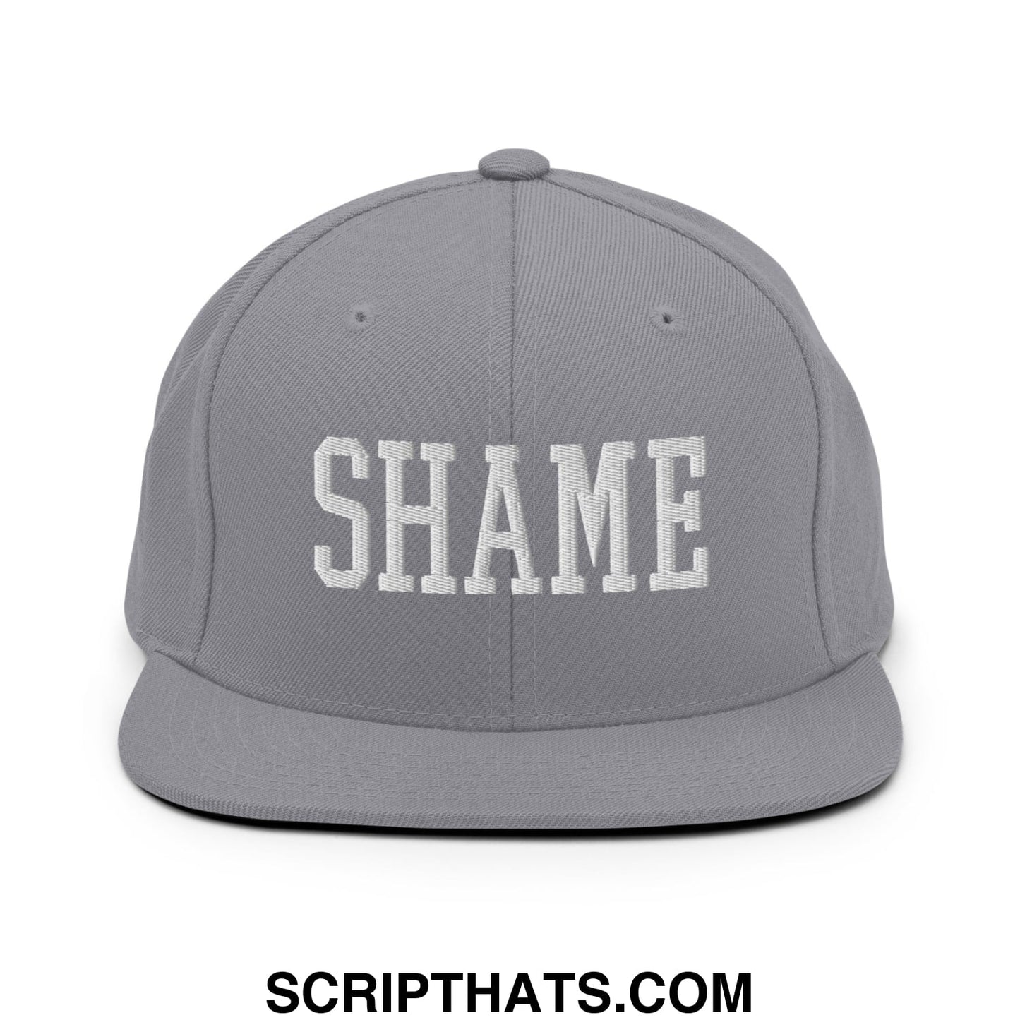 Shame Embroidered Flat Bill Brim Snapback Hat Silver