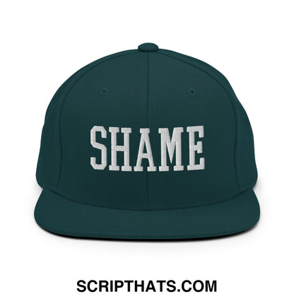 Shame Embroidered Flat Bill Brim Snapback Hat Spruce