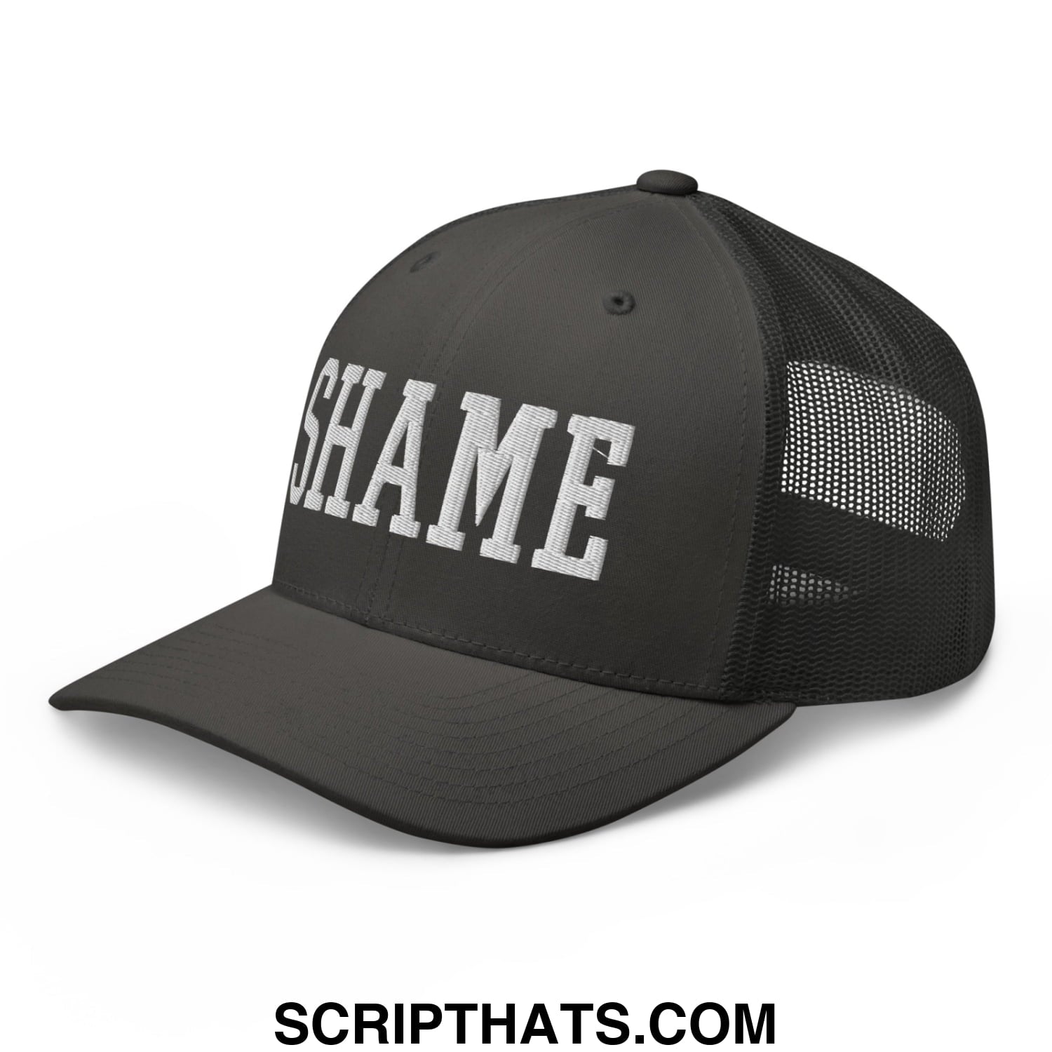 Shame Embroidered Mesh Trucker Hat Charcoal