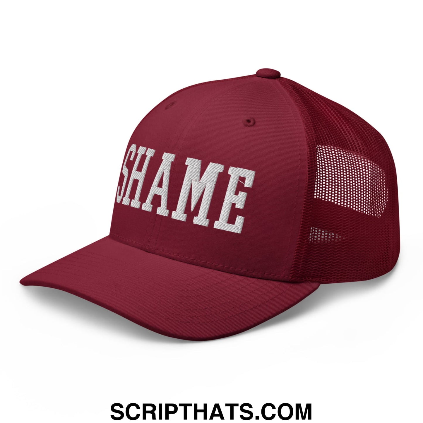 Shame Embroidered Mesh Trucker Hat Cranberry