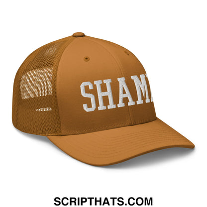 Shame Embroidered Mesh Trucker Hat Caramel