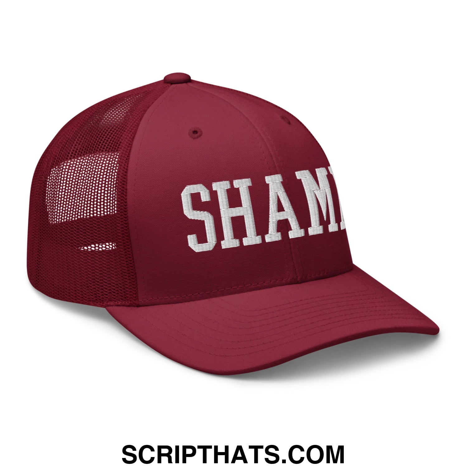 Shame Embroidered Mesh Trucker Hat Cranberry