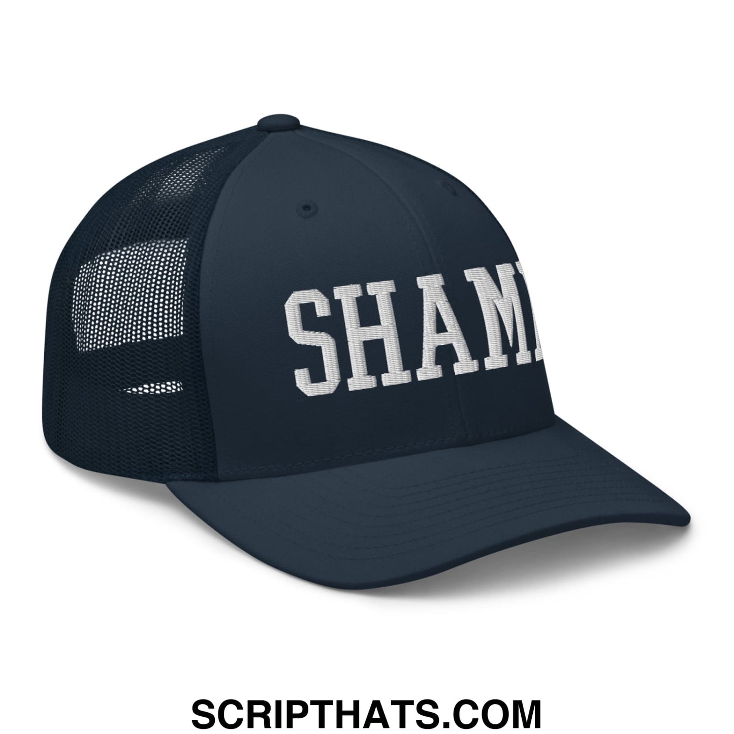 Shame Embroidered Mesh Trucker Hat Navy