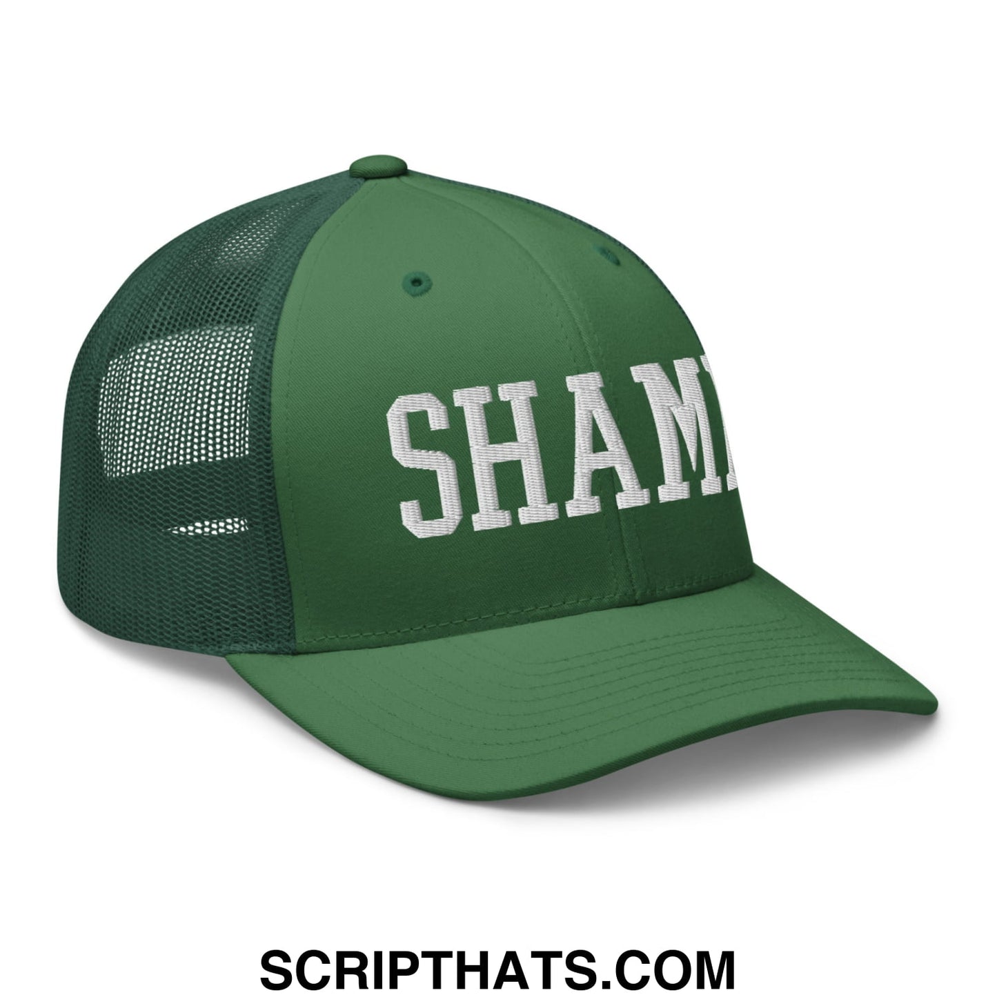 Shame Embroidered Mesh Trucker Hat Evergreen