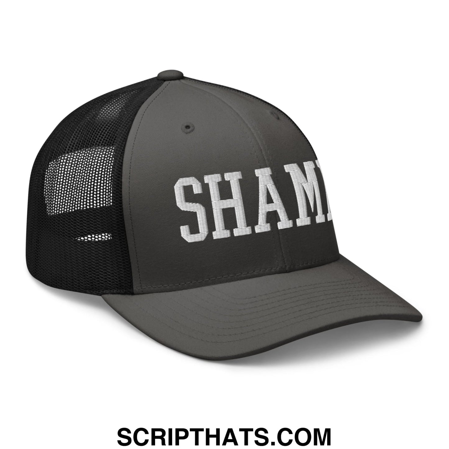 Shame Embroidered Mesh Trucker Hat Charcoal Black