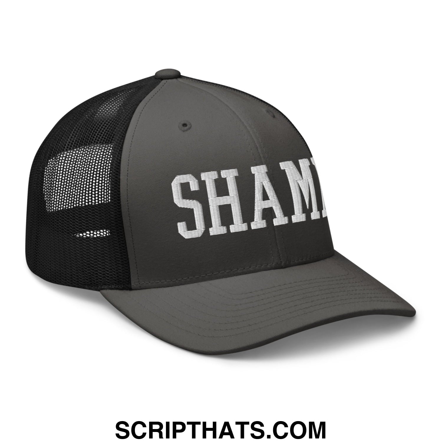 Shame Embroidered Mesh Trucker Hat Charcoal Black